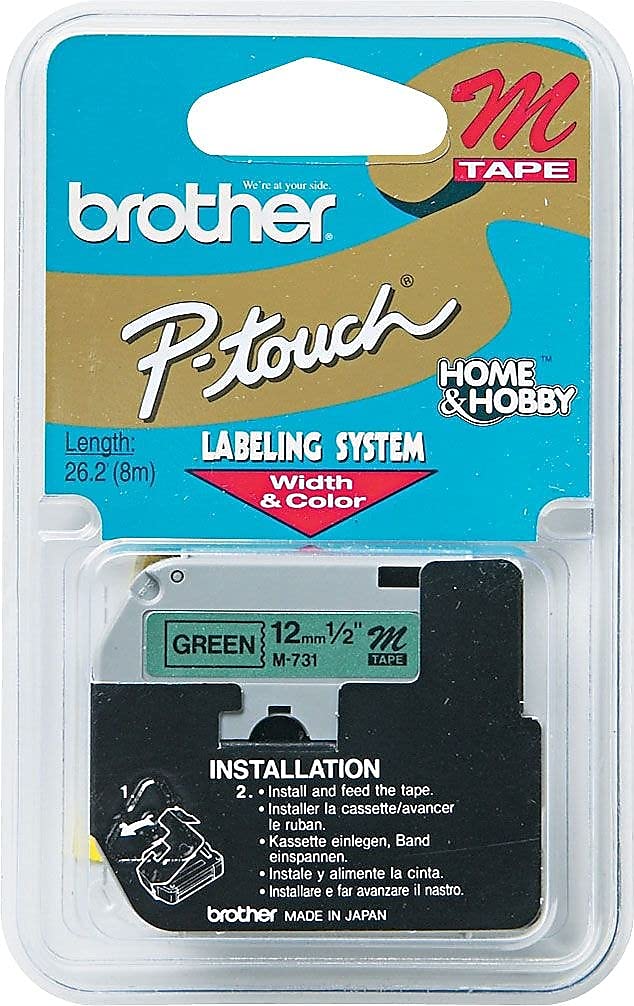 Cinta Brother de 0.5 pulg. de ancho, no laminada, negra sobre verde (M731) - Empaque minorista