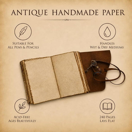 Vintage Leather Journal - Antique Handmade Deckle Edge Vintage Paper Leather Bound Journal - Book of Shadows Journal - Leather Sketchbook - Drawing Journal - Great Gift - 240 Pages (9" x 6")