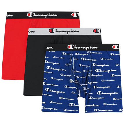 Champion Men's Boxer Briefs, Every Day Comfort Stretch Cotton Moisture-Wicking Underwear, Multi-Pack, Blue White Script Logo/Black/Red-3 Pack, M (Pack of 3)