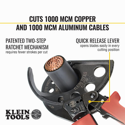 Klein Tools 63750 Cable Cutters, Ratcheting Cable Cutter Cuts Up to 1000 MCM, Great for Cable Preparation , Red
