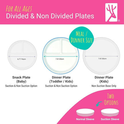 Elk and Friends Kids 7.8” Porcelain White Divided Plates with Silicone Sleeves | Suitable for Babies/Toddlers | Microwave & Dishwasher Safe | Non Slip Dinnerware | Snack Dishes | 4 Pack