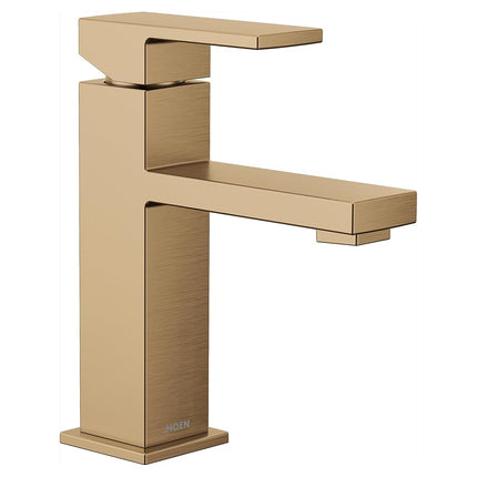Moen Revyl Bronzed Gold One-Handle Single Hole Modern Bathroom Sink Faucet with Optional Deckplate and Spring Loaded Drain Assembly, 84771BZG