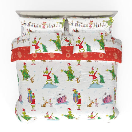 Franco Comforter and Sheet Set with Sham, Microfiber, Grinch-White + Red, 7 Piece King Size