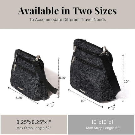 Baggallini Securtex Anti-Theft Crossbody 8.25" Small / 10" Large Travel Purse with RFID Card Slots & Cut-Resistant Strap, Midnight Blossom Print, Small 8.25"w x 8.25"h
