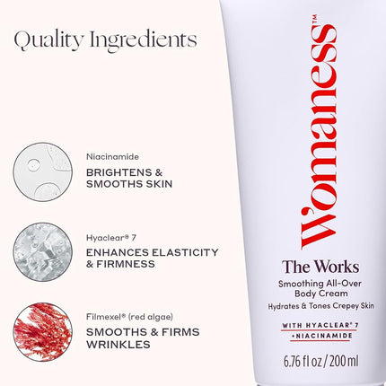 Womaness The Works Crema Corporal Alisadora Todo en Uno - Cuidado de la Piel para la Menopausia, Loción Corporal Hidratante y Tratamiento Tonificante para Piel Crepé - Crema Reafirmante con Niacinamida y Ácido Hialurónico (200ml)