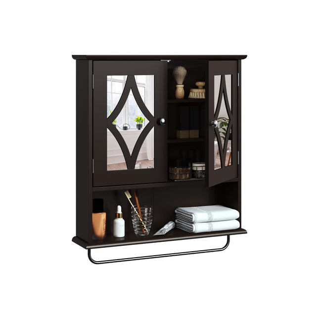 Botiquín de baño May in Color con espejo, gabinete de almacenamiento montado en la pared con estantes ajustables y toallero, gabinete de pared colgante para baño, lavandería, sala de estar, marrón