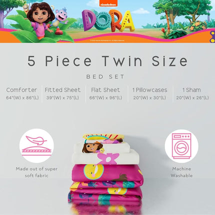 Franco Comforter and Sheet Set with Sham, Microfiber, Dora The Explorer, 5 Piece Twin Size