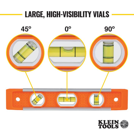 Klein Tools 935 Level, 9-Inch Magnetic Torpedo Level with 0/45/90 Degree Vials and V-Groove, Tapered Nose