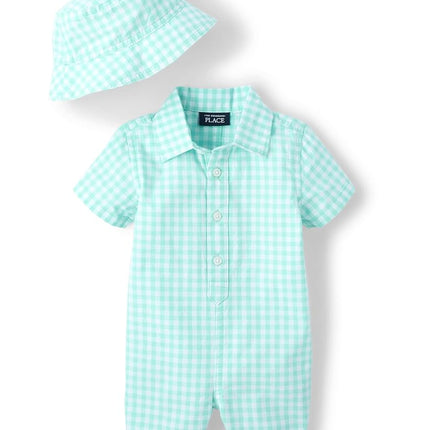 The Children's Place Baby boy and Newborn One Piece Romper and Hat, Matching Outfit, Aqua Ging, 9-12 Months