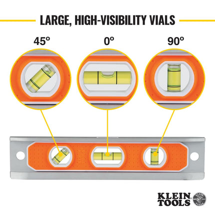 Magnetic Torpedo Level, Aluminum, V-Groove and Magnet KLEIN TOOLS 935R, Orange