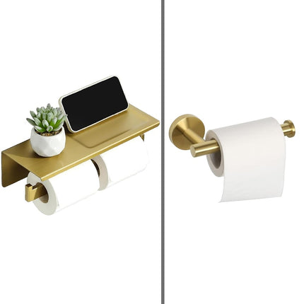 Alise GYT5002-G Double Toilet Paper Holder Bathroom Tissue Roll Holder with Shelf,Two Installation of 3M Self-Adhesive and Wall Drill,SUS304 Stainless Steel Golden Finish