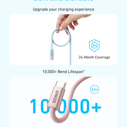 Anker Zolo USB C to USB C Cable, Braided and Dirt-Free Type-C Fast Charging Cable, Slim Connector, for iPhone 16 Series, MacBook (240W) (Blue, 3FT)