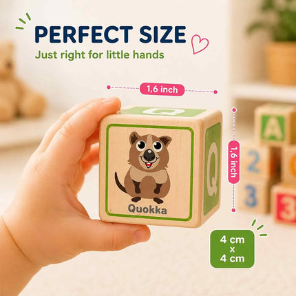 QUOKKA Wooden Blocks for Toddlers 1-3 - Cartoon 26 ABC Learning Baby Blocks for Kids 3-5-Year-Olds Stacking Alphabet Wood Toys for 2-4 yo - Educational with Letters Numbers