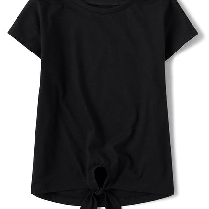 The Children's Place Girls' Short Sleeve Basic Tie Front Top, Black, 5-6