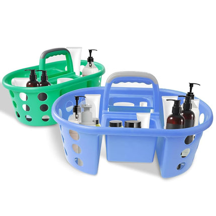 SIMPLYKLEEN Large Shower Caddy Portable 2PC - Made in USA Plastic Jumbo Size Dorm Storage Candy Tote with Handle Shower Organizer for Bathroom, Pantry, Kitchen, College Dorm, Green/Periwinkle