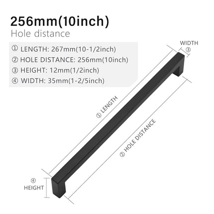 Redunest Cabinet Pulls Matte Black Cabinet Handles Square Drawer Pulls, 10 Pack 10 Inch Stainless Steel Kitchen Door Cupboard Cabinet Handles, Drawer Hardware Handles, 256mm Hole Centers