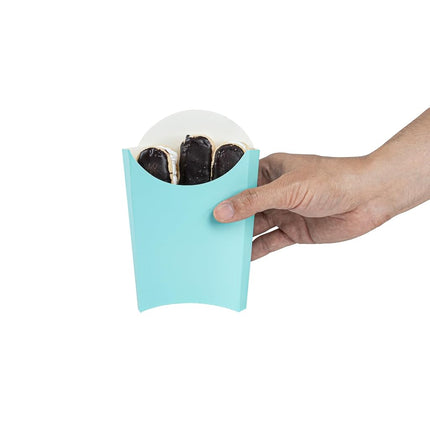 Bio Tek 4.7 x 3.5 x 5.1 Inch French Fry Cup, 100 Disposable Snack Cups - Stackable, Sustainable, Turquoise Paper 4 Ounce Fry Holder, for Fries, Onion Rings, Popcorn, or Cookies - Restaurantware