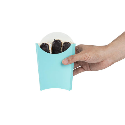 Bio Tek 4.7 x 3.5 x 5.1 Inch French Fry Cup, 100 Disposable Snack Cups - Stackable, Sustainable, Turquoise Paper 4 Ounce Fry Holder, for Fries, Onion Rings, Popcorn, or Cookies - Restaurantware