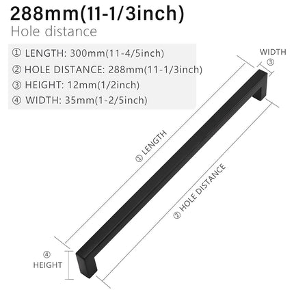 Redunest Cabinet Pulls Matte Black Cabinet Handles Square Drawer Pulls, 10 Pack 11-1/3 Inch Stainless Steel Kitchen Door Cupboard Cabinet Handles, Drawer Hardware Handles, 288mm Hole Centers