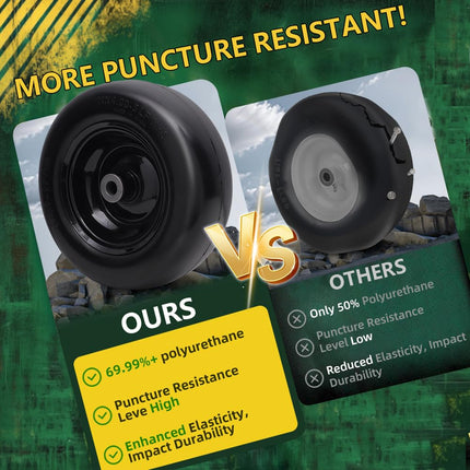 Wiltire 11x4.00-5 Flat Free Tire and Wheel (2 Pack),Universal 11x4-5 Solid Smooth Tractor Turf Tire with Rim, 3.4" Centered Hub and 3/4" & 5/8" Bushing, For Zero Turn Mowers and Riding Lawn Mower