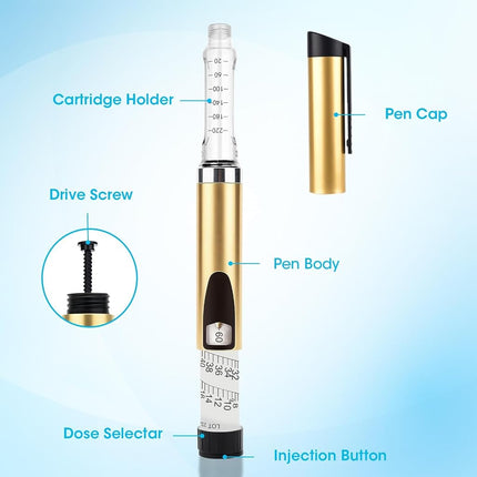 60 Units Reusable Peptide Pen Injector, Clear Scale and Protect Case, Compatible with 3ML for Home and Travel Use(Gold)