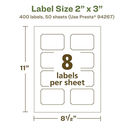 Etiquetas rectangulares festoneadas Avery EcoFriendly de papel reciclado, blanco mate, 5 x 7,6 cm, con impresión hasta el borde, etiquetas blancas mate, adhesivo permanente, para impresora láser/de inyección de tinta, 400 etiquetas imprimibles
