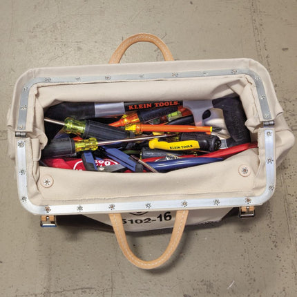 Tool Bag, Canvas Tote for Hand Tools is Heavy Duty Organizer with Steel Frame Mouth Klein Tools 5102-16