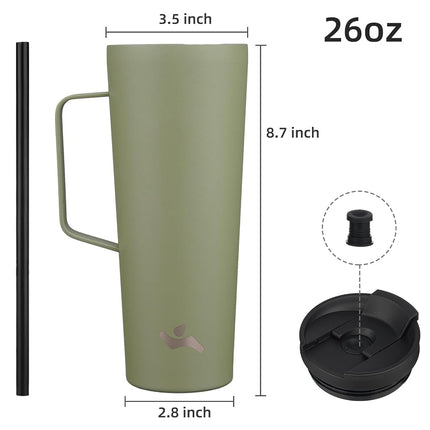 Konokyo Insulated Tumbler with Handle and Straw, 26 OZ Travel Coffee Mug Stainless Steel Cup Metal Water Bottle,Camp Green
