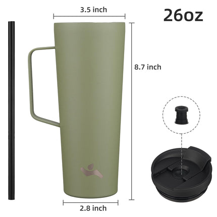 Konokyo Insulated Tumbler with Handle and Straw, 26 OZ Travel Coffee Mug Stainless Steel Cup Metal Water Bottle,Camp Green