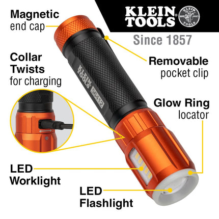 KLEIN TOOLS Rechargeable LED Flashlight with Worklight, 500 Lumens, USB Charging Cable, Pocket Clip, Battery Life Indicator, Magnetic 56412, Orange/Black