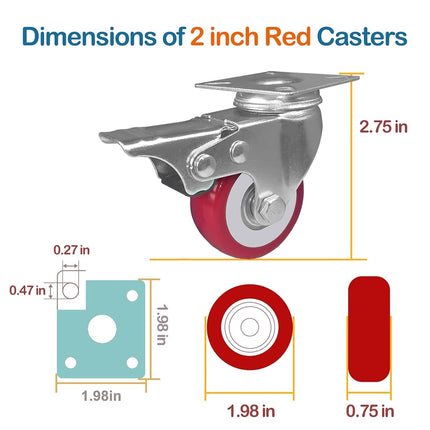 ABSLIMUS 2 inch Casters Load 800lbs, Set of 4 with Brake, Advanced Polyurethane (PU) Floor Protection, Noise-Free 360 Degree Swivel Plate, Set of 4 (Includes Complete Screws Sets with Accessories)