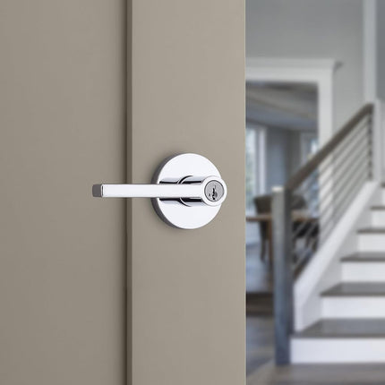 Kwikset Halifax Entry Door Handle with Lock and Key, Secure Round Keyed Reversible Lever Exterior, For Front Entrance and Bedrooms, Polished Chrome, Pick Resistant Smartkey Rekey Security and Microban