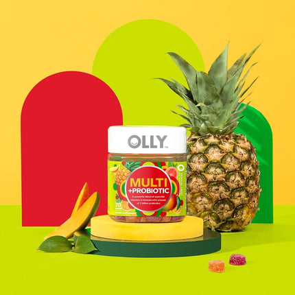 OLLY Adult Multivitamin + Probiotic Gummy, 1 Billion CFUs, Digestive and Immune Support, Chewable Supplement, Tropical Flavor, 35 Day Supply - 70 Count