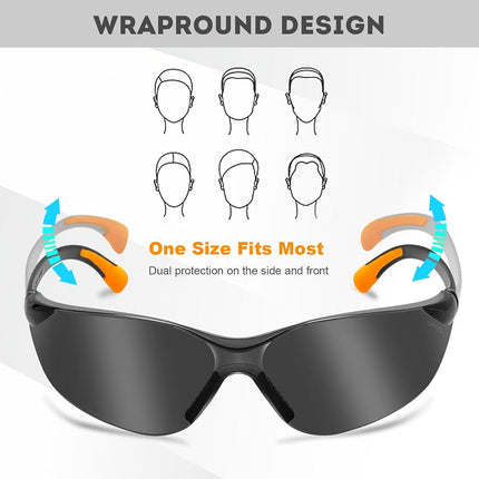 ProtectX 12-Pack Safety Glasses for Men & Women, Safety Sunglasses with Anti-Fog Scratch Resistant Wrap-Around Tinted Smoke Lenses, Non-Slip Orange Rubber Grips, ANSI Z87.1 Rated