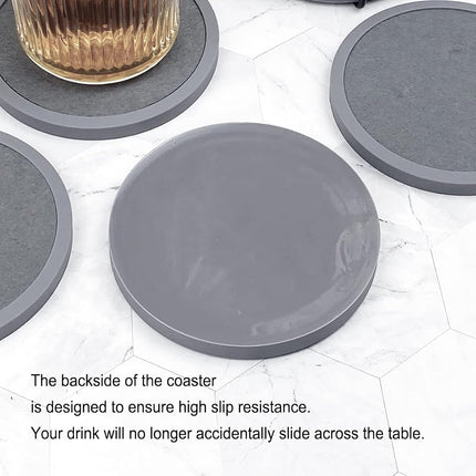 Absorbent Coasters for Drinks with Holder - 6packs, Silicone Coasters with Soft Felt Insert (4.3 inch Coasters with 4.5 inch Holder, Grey)