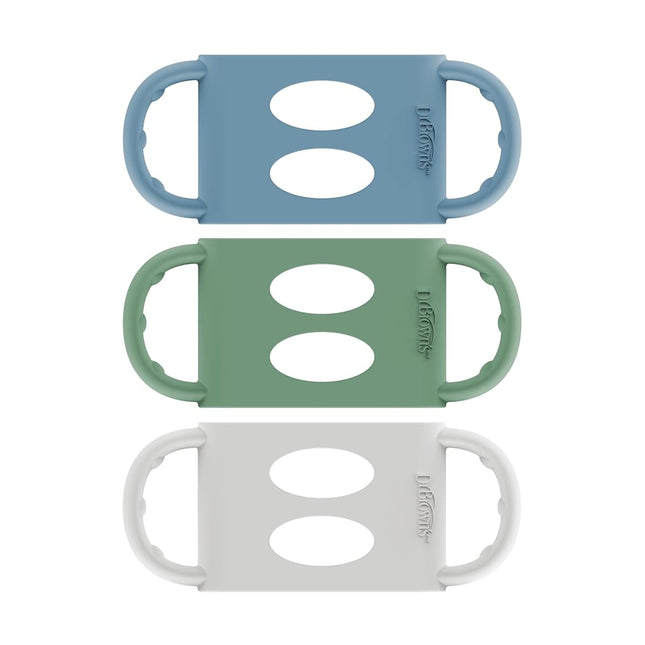 Dr. Brown's Milestones 100% Silicone Baby Bottle Handles, Wide-Neck, Removable Easy-Grip Transitional Sippy Cup Handles, Light Blue, Green, Gray, 4m+, 3 Pack