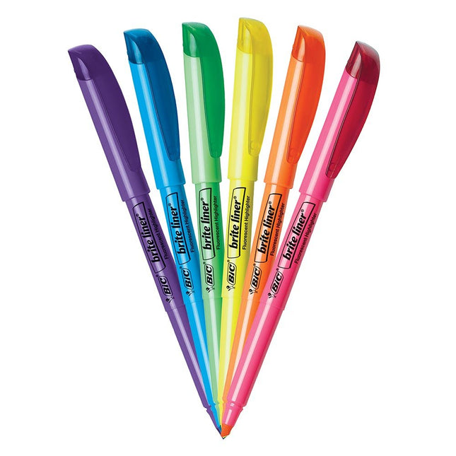 Surligneur BIC Brite Liner, pointe biseautée pour un surlignage large et un soulignage fin, couleurs assorties, lot de 12 (paquet de 18, 216 au total)