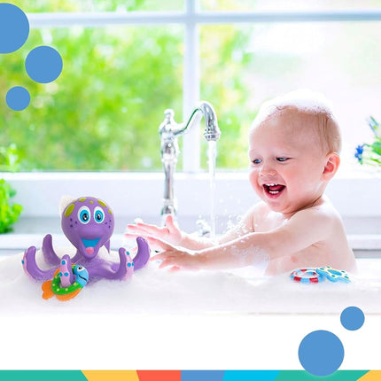 Nuby Floating Interactive Octopus Toddler Bath Toy with 3 Rings, 18M+