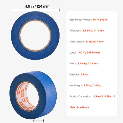 VEVOR Cinta de pintor, 2 pulgadas de ancho (1.88 pulg. x 60 yds), 3 rollos, cinta de pintor azul para pintura, bordes, molduras, techos, cinta de enmascarar que protege las superficies y se quita fácilmente, arte de manualidades, decoración de etiquetado