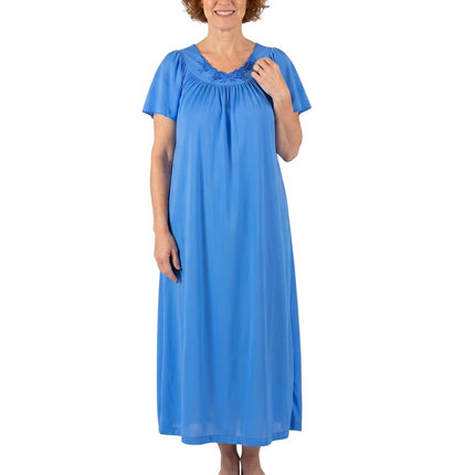 Shadowline Women's Long Gown with Flower Petal Embroidery and Flutter Sleeves Medium Sapphire