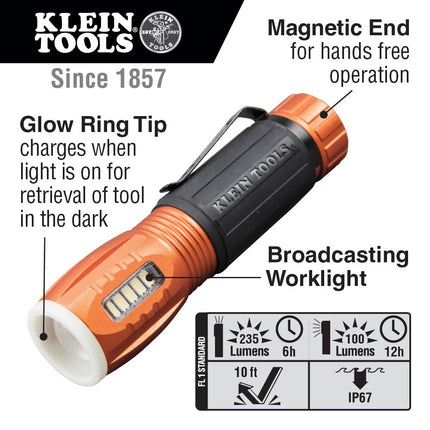 Klein Tools 56028 LED 235 Lumen Flashlight and 100 Lumen Work Light, Durable Waterproof, Hands-Free Magnetic, Up to 12 Hours Run Time