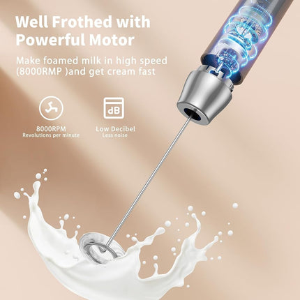 Maestri House Rechargeable Milk Frother with Stand, Handheld Electric Foam Maker Waterproof Detachable Stainless Steel Whisk Drink Mixer Foamer for Lattes, Cappuccino, BX07