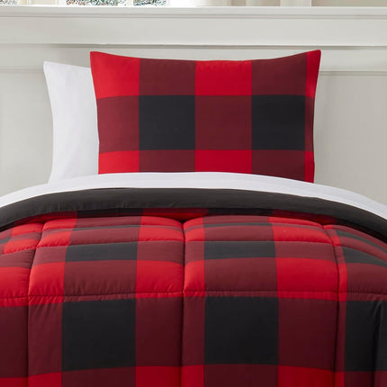 Sweet Home Collection Ultra Soft Down Alternative Set & Luxurious Bed Sheets, Polyester, Buffalo Plaid Burgundy/Black, Twin