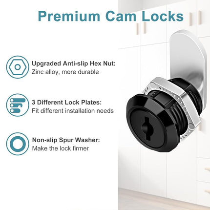 Cam Locks Cabinet Lock Keyed Alike, Black Finish 5/8'' (Length) Cylinder Fits on 3/8'' Max Panel Thickness Secure Files Drawers RV Storage Locks Replacement Set, Zinc Alloy (Black 5/8 Inch 2Pcs)