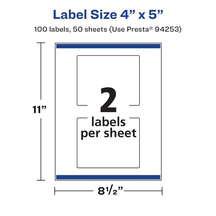 Avery Matte White Rectangle Labels with Sure Feed, 4" x 5", 100 Matte White Printable Labels