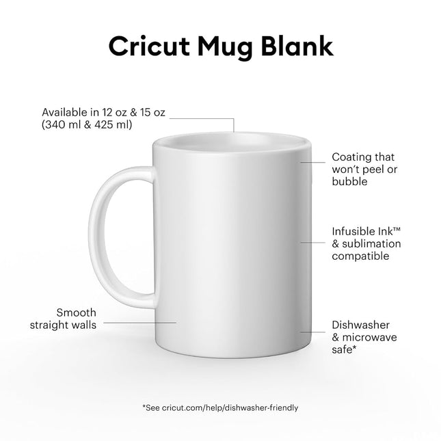 Cricut Blank Mug, Ceramic-Coated, Dishwasher & Microwave Safe Mug to Decorate, Cricut Mug Press & Infusible Ink Compatible,15 Oz Sublimation Mug, Ideal for Crafts and Printing, 2 Count, White