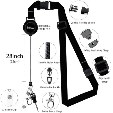bolimoss Black Leather Badge Holder with Retractable Reel, Quick Release Buckle and Safety Adjustable Breakaway Lanyards with Swivel Metal Clasp Lanyard for Teacher Students Offices Staff Nurse