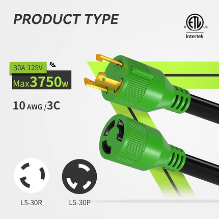 RVMATE Cable de extensión para generador de 3 clavijas y 30 amperios, 25 pies, cubierta SJTW NEMA L5-30P/L5-30R 125V