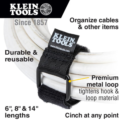 Klein Tools 450-600 Cable Organizer, Hook and Loop Cinch Strap Cable Ties, Includes Two 6-Inch, Two 8-Inch and Two 14-Inch Straps, Black