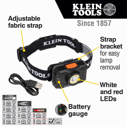 KLEIN TOOLS Rechargeable 2-Color LED Headlamp, Fabric Strap, Spotlight, Floodlight, Red LED, 800 Lumens, USB Cable, Camping, Running 56414